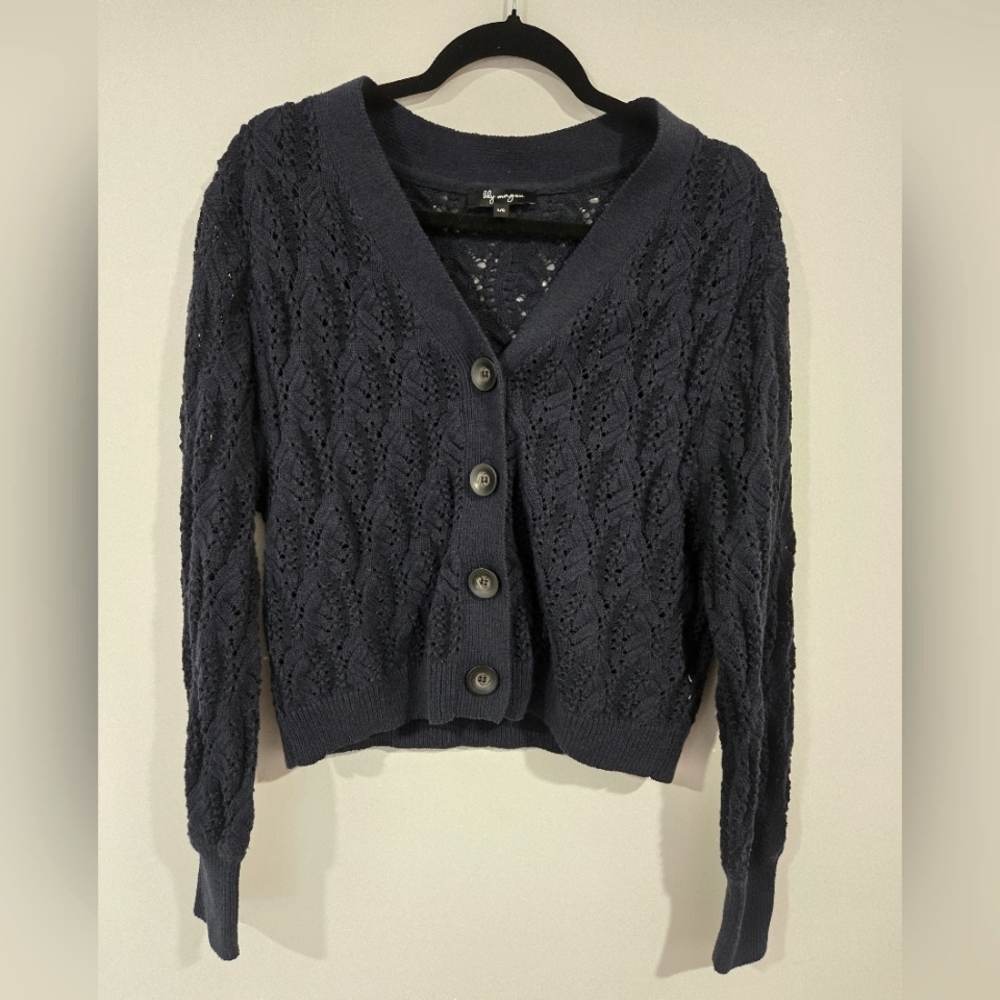 Cropped Navy Blue Cable Knit Cardigan